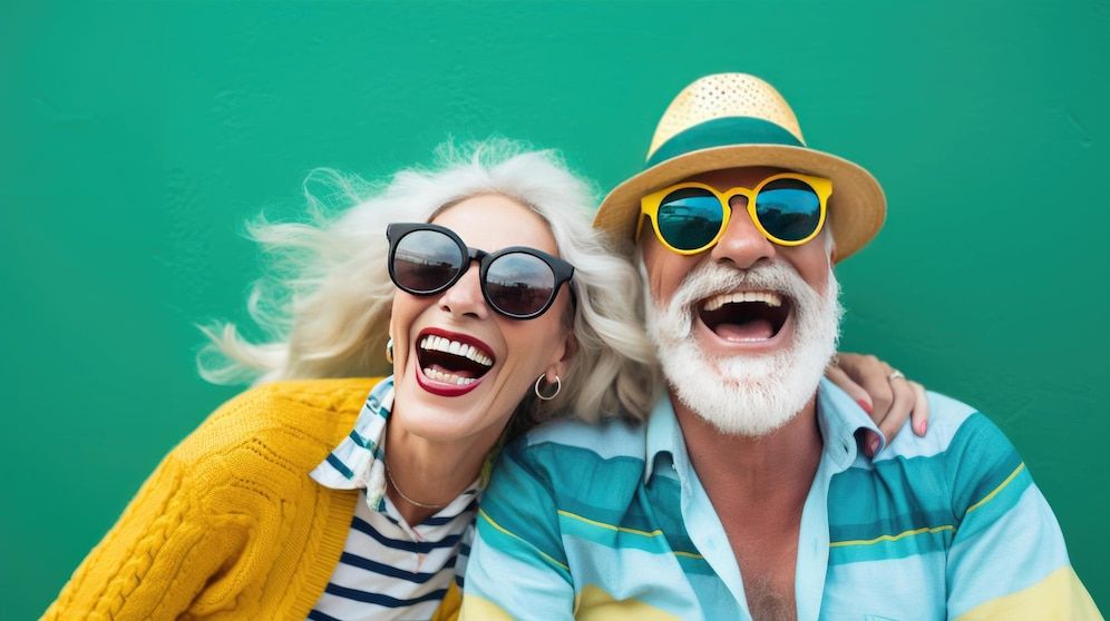 A man and woman wearing sunglasses and smiling.