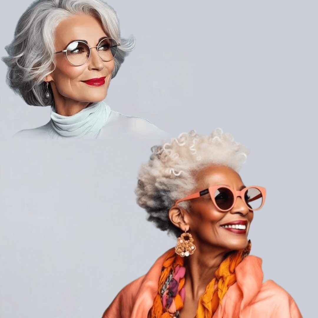 Two women with white hair and wearing glasses